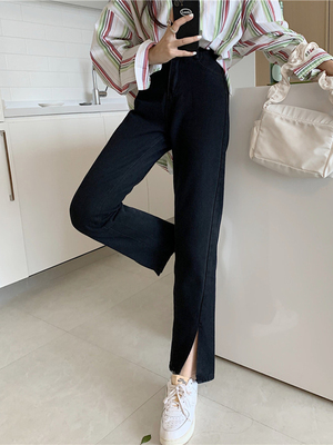 taobao agent Black fitted autumn loose straight jeans, plus size, high waist