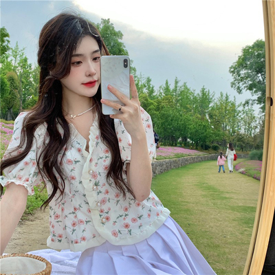 taobao agent Summer sexy advanced top, plus size, puff sleeves, floral print, french style, high-quality style, fitted