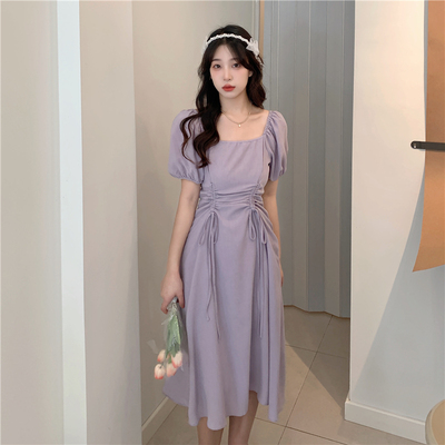 taobao agent Summer long purple dress, plus size, french style, square neckline, fitted