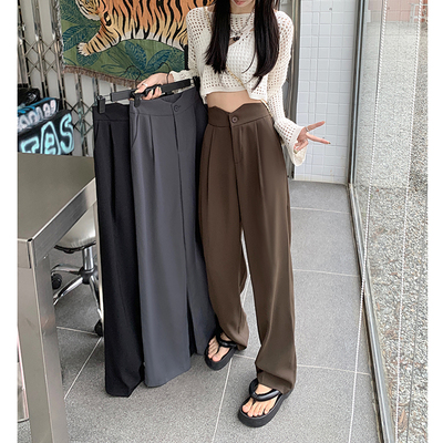 taobao agent Large size Hong Kong flavor high waist irregular casual pants female autumn fat mm vertical suit pants straight gray wide -leg pants