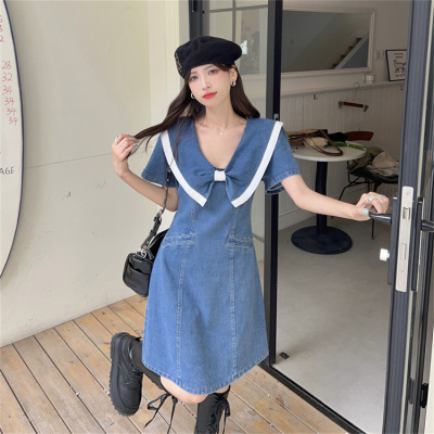taobao agent Summer navy brace, denim dress, plus size, fitted