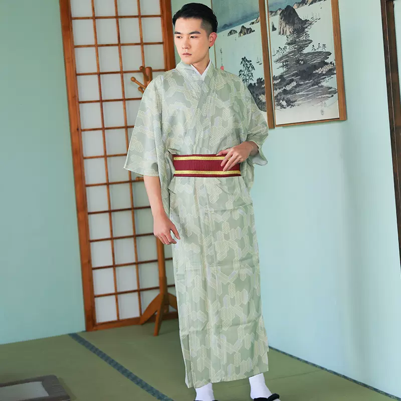 日本和服男武士和服正装剑道黑色顺条纹传统夏日祭花火大会和服