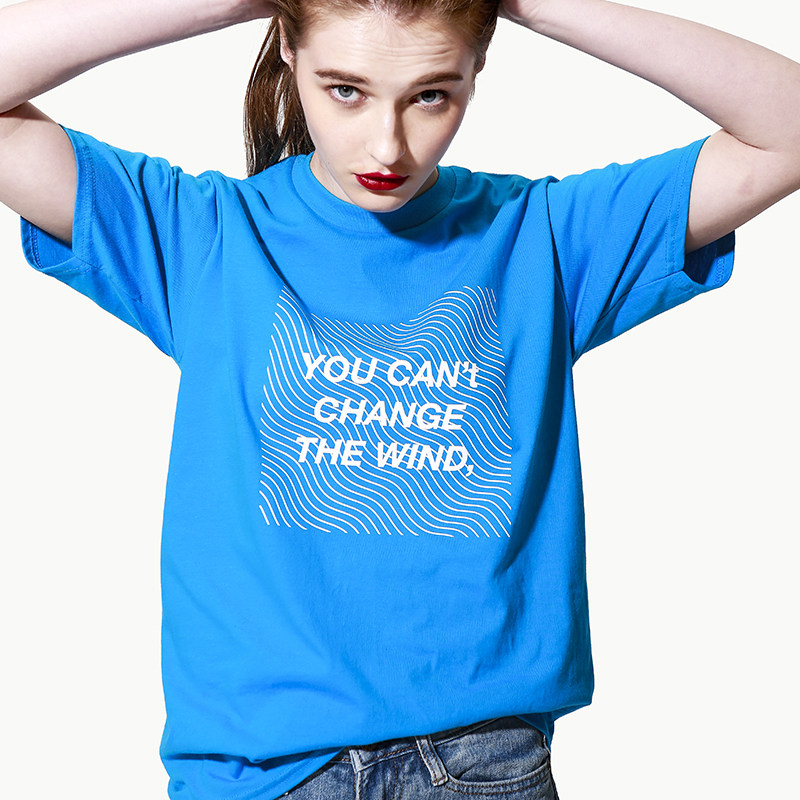 青集站原创蓝色短袖t恤女韩版潮纯棉套头圆领字母印花新上衣女装