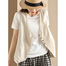 Женская жилетка 日系复古亚麻马甲背心女夏季宽松外搭无袖开衫薄棉麻坎肩外套上衣