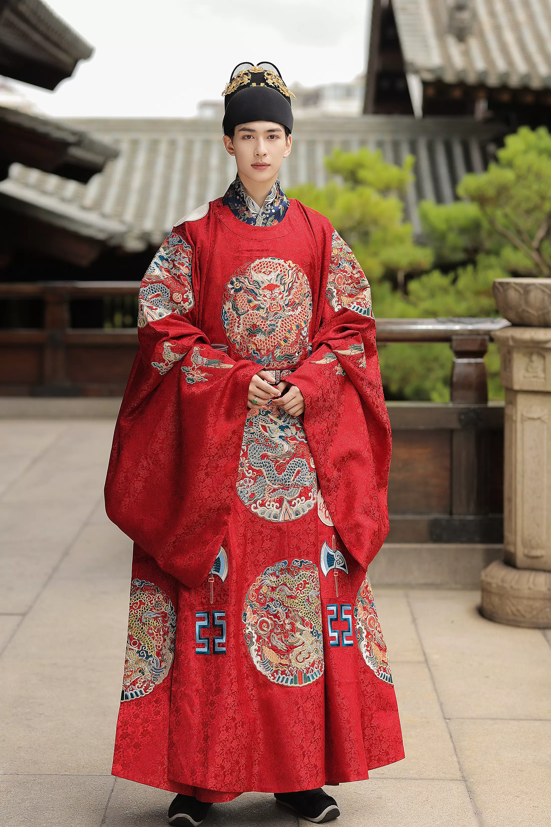 大浪淘金披風 黒青金色アウター　中国伝統衣装　明製漢服　着物和服　織錦　西陣織