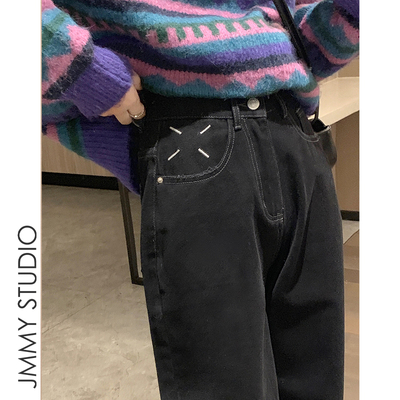 taobao agent Black colored demi-season retro jeans, high waist, suitable for teen