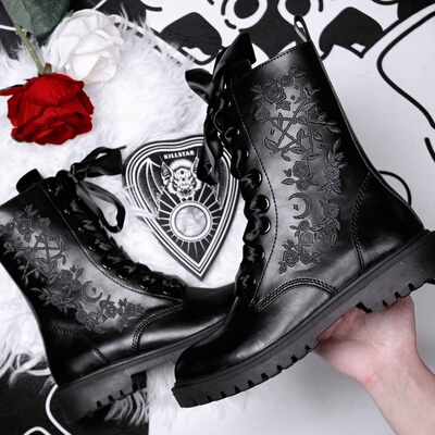 taobao agent Killstar genuine Gothic dark punk hot girl embroidered ribbon black thick bottom short leather boots