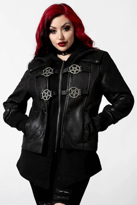 taobao agent Killstar Autumn and Winter Gorgean Girl Black Girl Black Switching Hat Piccorus Jacket Leather Skin