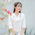 Mùa hè quần áo phụ nữ phong cách dân tộc mới được cải tiến Hanfu cotton và lanh áo sơ mi ba phần tư tay áo thêu chéo phù hợp với văn học - Áo sơ mi
