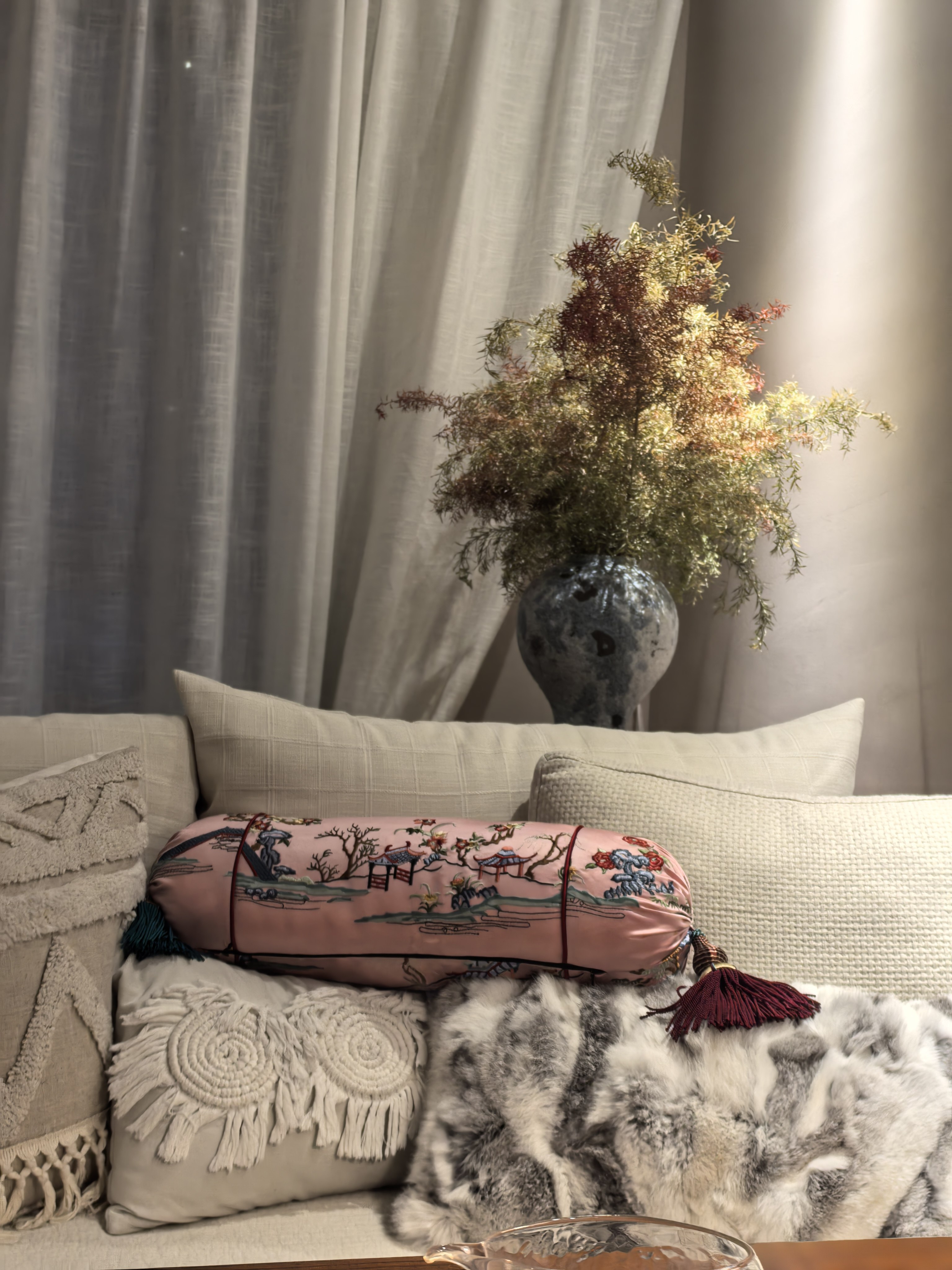 Blush pink silk embroidered lumbar pillow cover with gold crane and peony motifs 6x22 inches