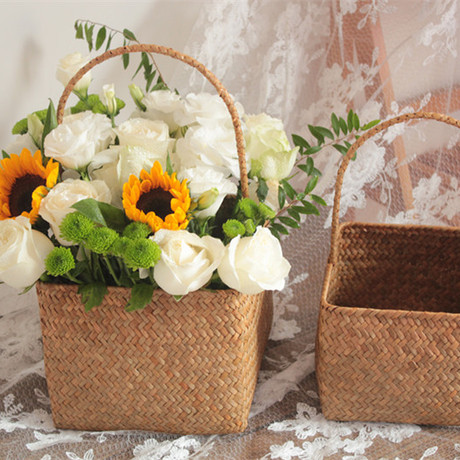 海草编非藤手工编方形提手花篮把手花器花蒌花桶储物筐