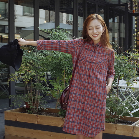 【owole 朴瑟seul】日系小复古格纹七分袖长衬衫