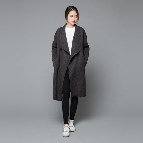 2015冬装新款灰色针织呢中长款宽松落肩长毛呢外套女