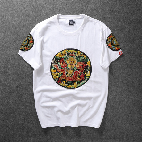 古著中国风刺绣龙图案t恤男清朝官服龙袍黄马褂子个性情侣短袖潮