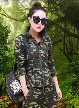 春秋新款时尚个性迷彩套装女户外运动作训工作服迷彩三件套女军装