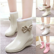 Весенние и осенние дождевые туфли женские японские и корейские модные дождевые сапоги милые банты с бархатными туфлями калоши резиновые туфли