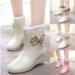 Footwear, fashionable cute boots with bow, fleece shoe covers, Japanese and Korean, mid-length