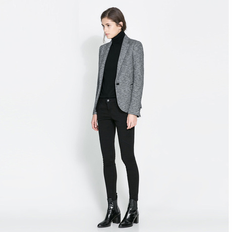 2016春装显瘦长袖职业西装针织棉拚皮边修身浅灰色小西装外套 女 - 爱