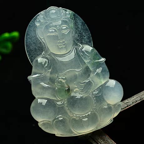 佛玉尘缘缅甸老坑a货翡翠玉观音冰种白冰透水润飘花观音挂件吊坠
