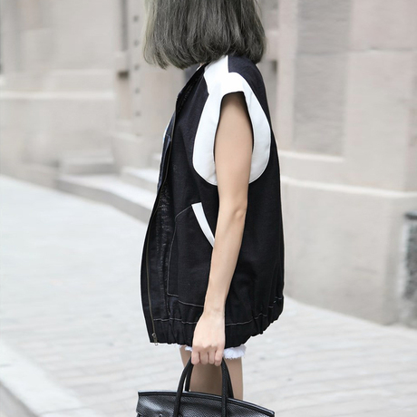 maggie han/2016春夏定制 bf黑白长款马甲拼皮马夹外套女 m124
