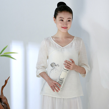 翰墨生香之素衣云裳 提花丝麻 手绘莲蓬实用中式小衫