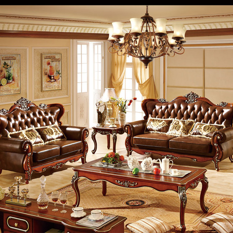 美式皮沙发欧式复古客厅大户型三人实木沙发组合橡木别墅深色