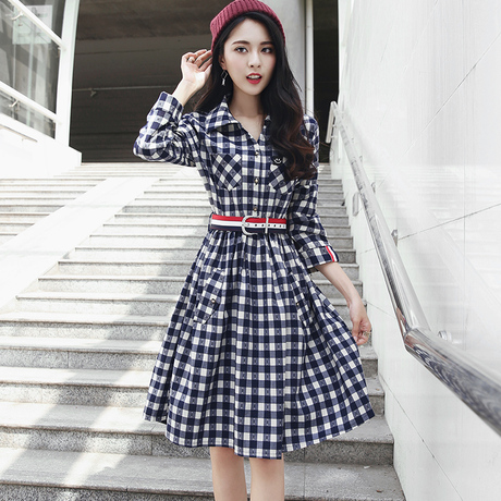 2016新款长袖秋冬连衣裙冬季女装修身格子衬衫裙打底裙子大摆裙