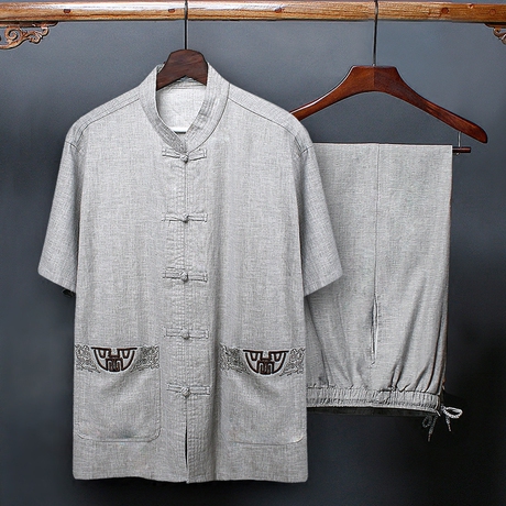 亚麻唐装男中老年人爸爸夏装套装爷爷老人衣服中国风短袖棉麻男装