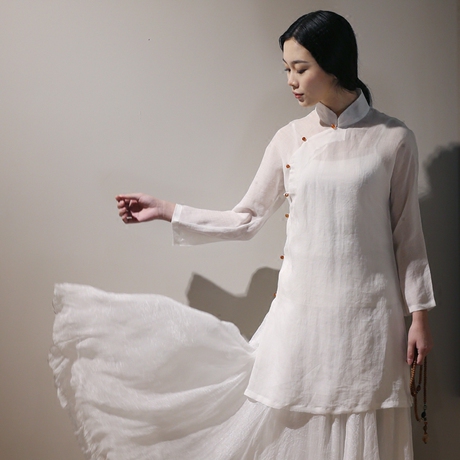 拈花微笑清新文艺复古苎麻中式上衣 中国风禅茶香道精品素衣茶服