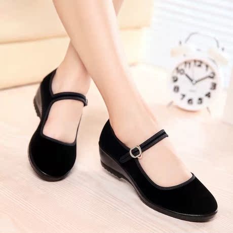 正宗老北京布鞋女鞋,坡跟,平底妈妈鞋酒店工作鞋舞蹈老式女士布鞋黑