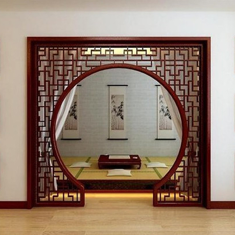 定制中式月亮门整体屏风 茶楼寺庙中式雕花 月洞门榆木隔断屏风