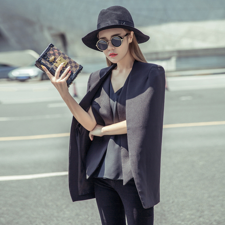 欧洲站2016夏季新款披肩斗篷外套女 修身显瘦中长款小西装女套装