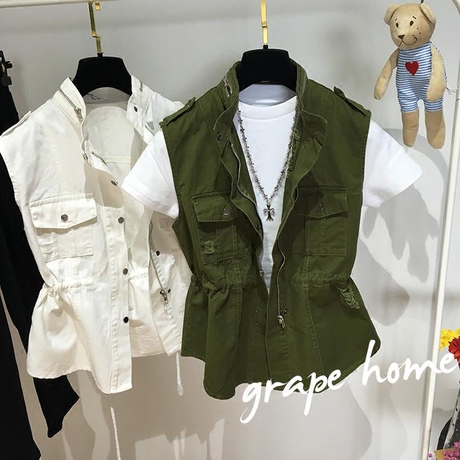 2016夏装新款女装韩版工装立领收腰马甲外套军绿色韩国潮bf风夏季