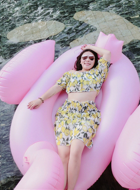 了  vogana戛纳家大码定制韩国甜美名媛显瘦比基尼四件套柠檬泳衣胖mm