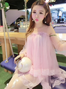 美女主播衣服春夏新上装连身裙项链镂空领小洋装漏背显身材蓬蓬裙