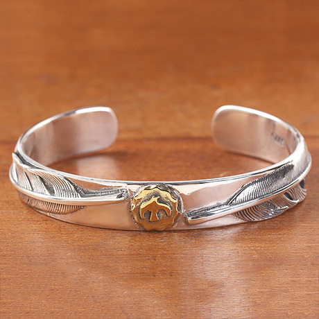 70       s925纯银 原版复刻高桥吾郎goros羽毛黄铜小鹰开口手镯 男