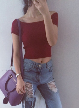 高腰漏肚脐短款t恤女夏装 短袖修身性感露肩一字领上衣紧身打底衫