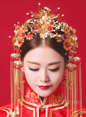 费拉拉 新娘秀禾服头饰红色古装结婚头饰中式古典凤冠额饰配饰女