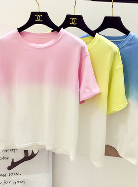 t恤女夏新款渐变色短袖体恤宽松显瘦半袖上衣服潮学生姐妹闺蜜装