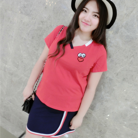 花边2016胖mm大码夏韩版可爱贴布v领撞色两件套显瘦套装女潮新品