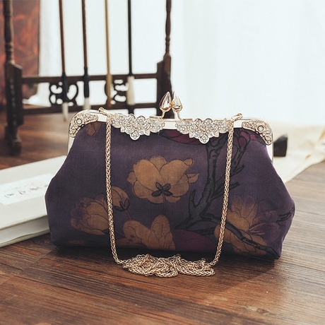 雅集原创手工制作真丝香云纱格桑花文艺复古风配旗袍女手拿口金包