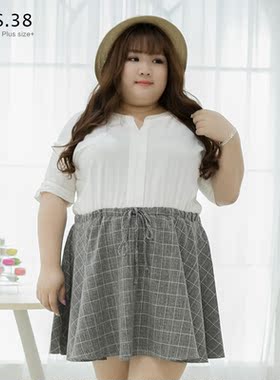 miss38特大码女装纯棉条纹领带学院风喇叭袖胖mm秋装连衣裙07931