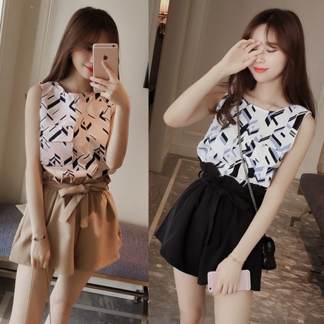 夏韩范名媛淑女休闲无袖印花雪纺上衣 系带收腰短裤时尚两件套女
