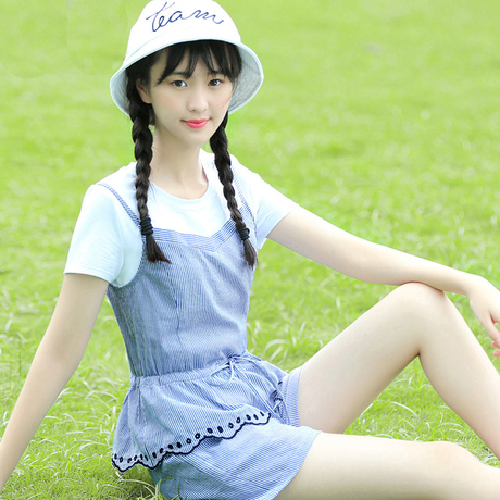 少女休闲运动套装夏2016新款初中学生条纹短袖短裤两件套青少年女