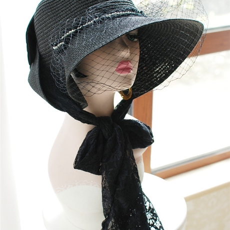 黑色罩网纱帽子女 中世纪复古女帽 vintage遮阳帽