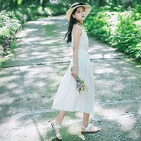 安小落 夏季文艺清新收腰可调节肩带吊带连衣裙纯色背心裙 两色入