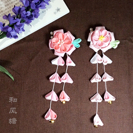 和风布粉色樱花流苏铃铛新娘花魁步摇发饰发簪和服浴衣汉服摄影