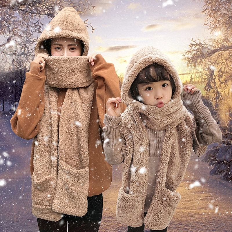 韩版学生帽子围巾手套三件套女冬季成人儿童围脖一体帽子亲子套装