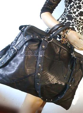 了  外贸时尚羊皮真皮拼接女包碎皮个性百搭单肩大包纯皮休闲斜挎跨包