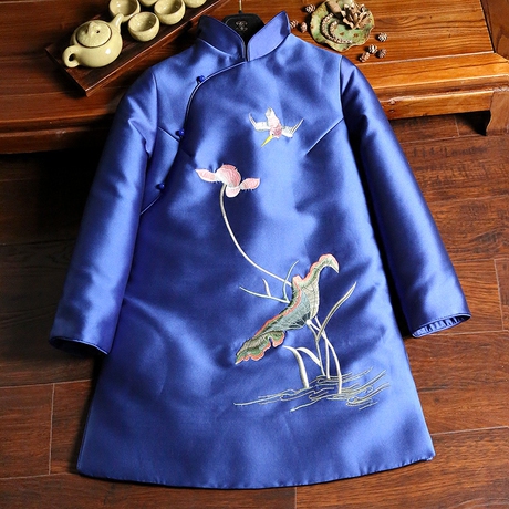 出水芙蓉秋冬款中长款刺绣荷花复古唐装中国风棉衣服女外套